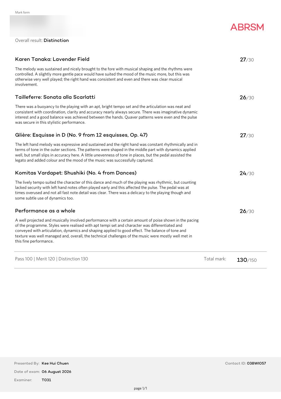 ABRSM Piano Performance Grade 6 certificate or examination report for Xinya