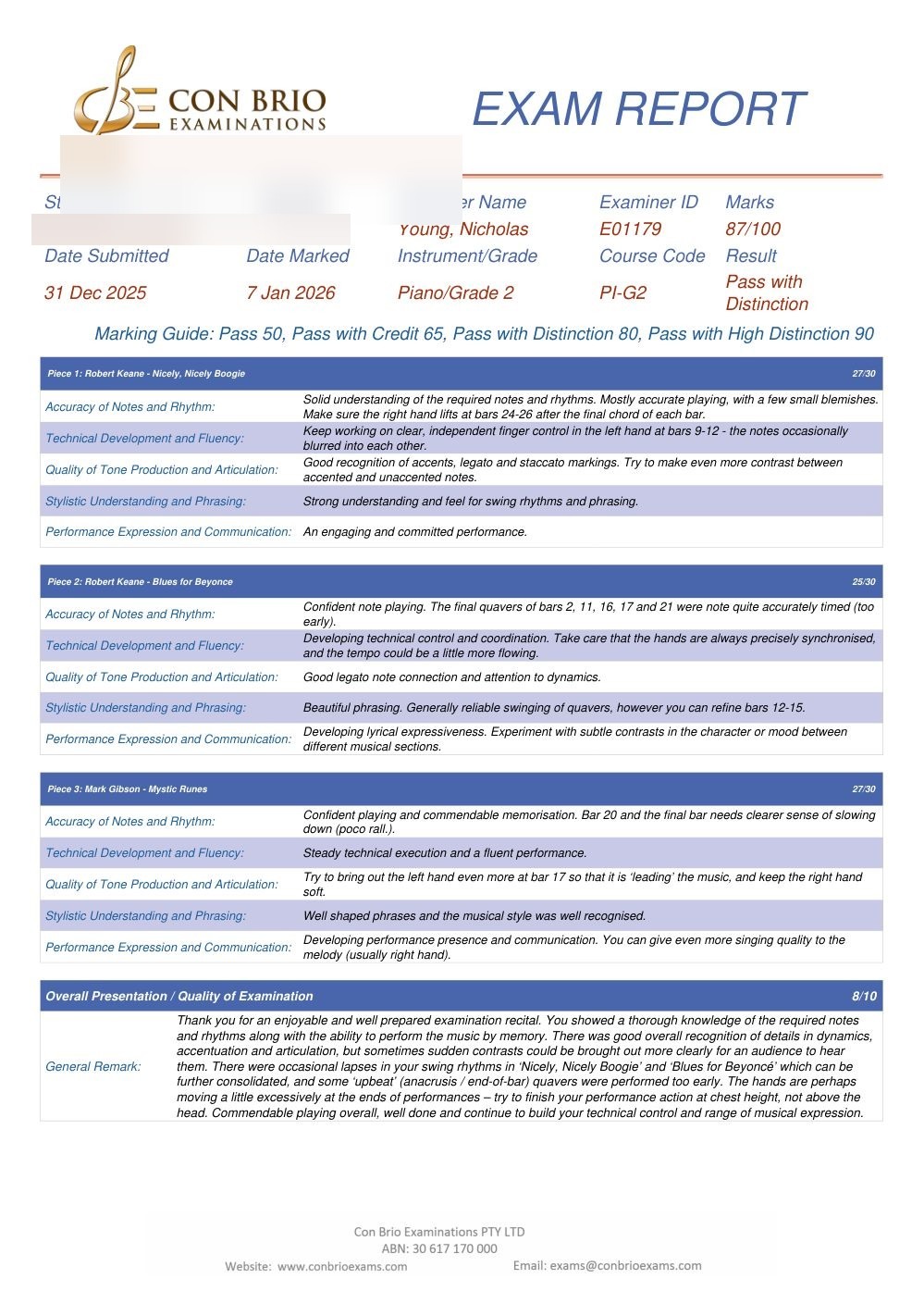 Con Brio Piano Grade 2 certificate or examination report for Sreshta