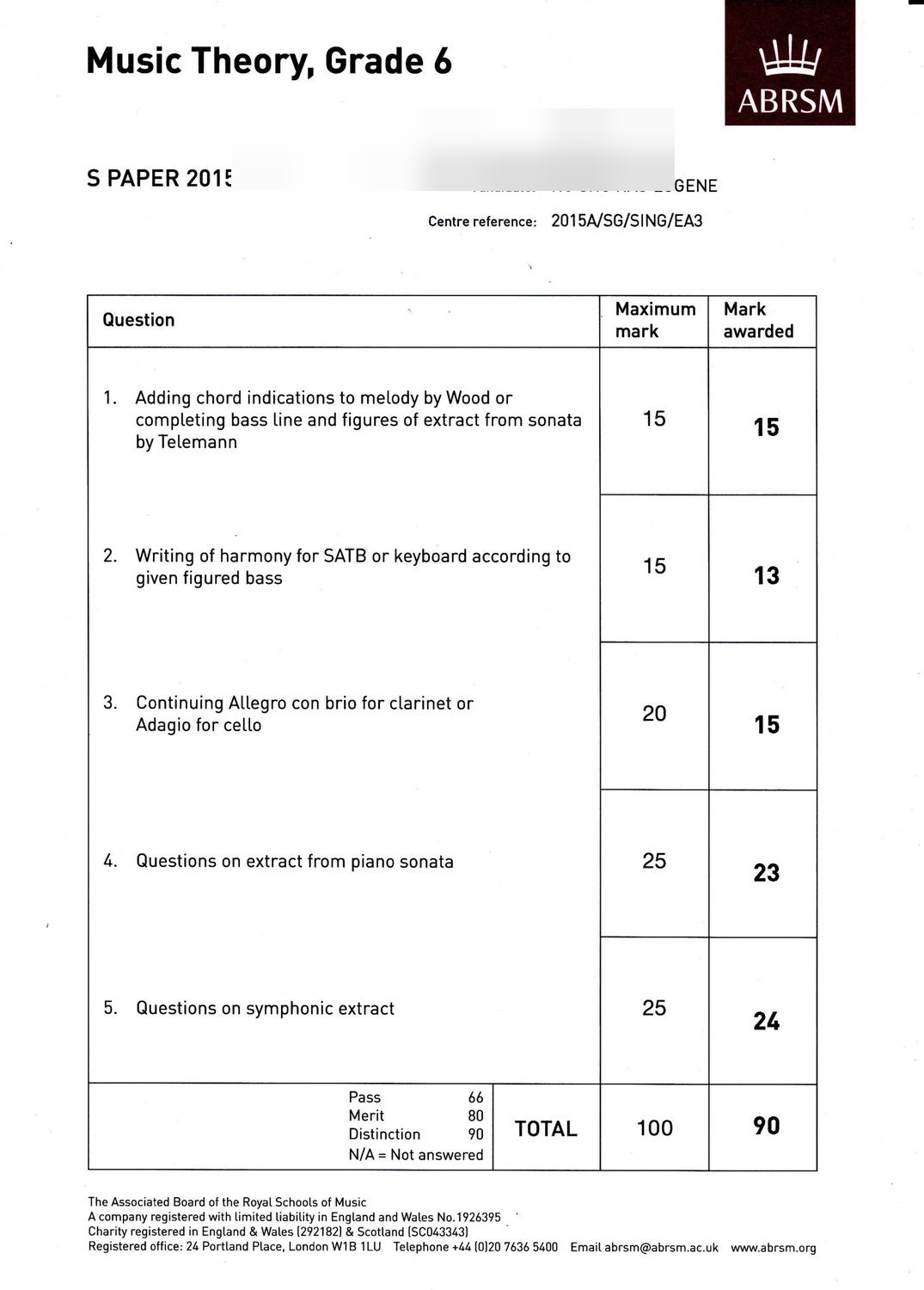 ABRSM Music Theory Grade 6, student name concealed