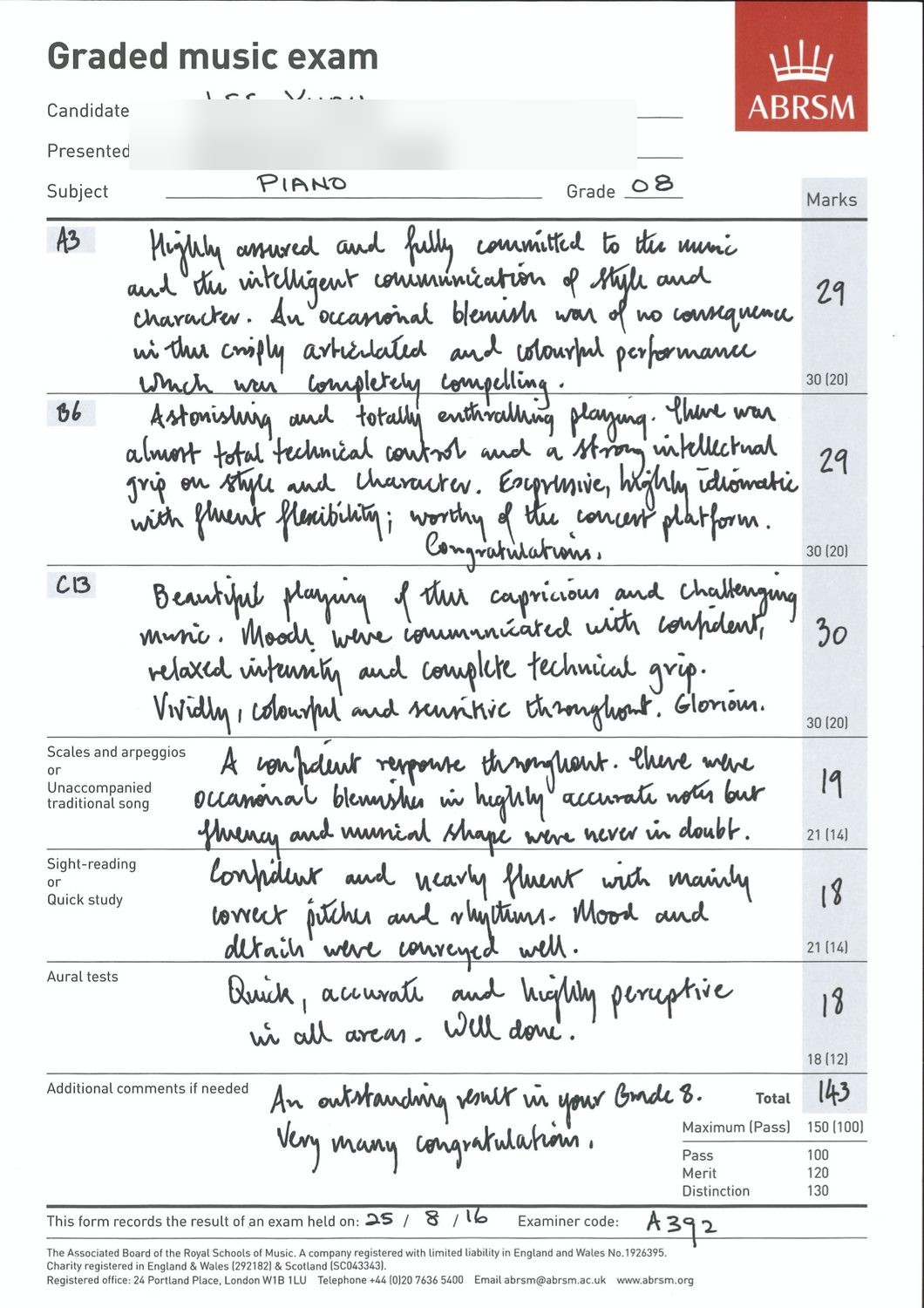 ABRSM Graded Music Examination certificate or examination report for Lee Yuan