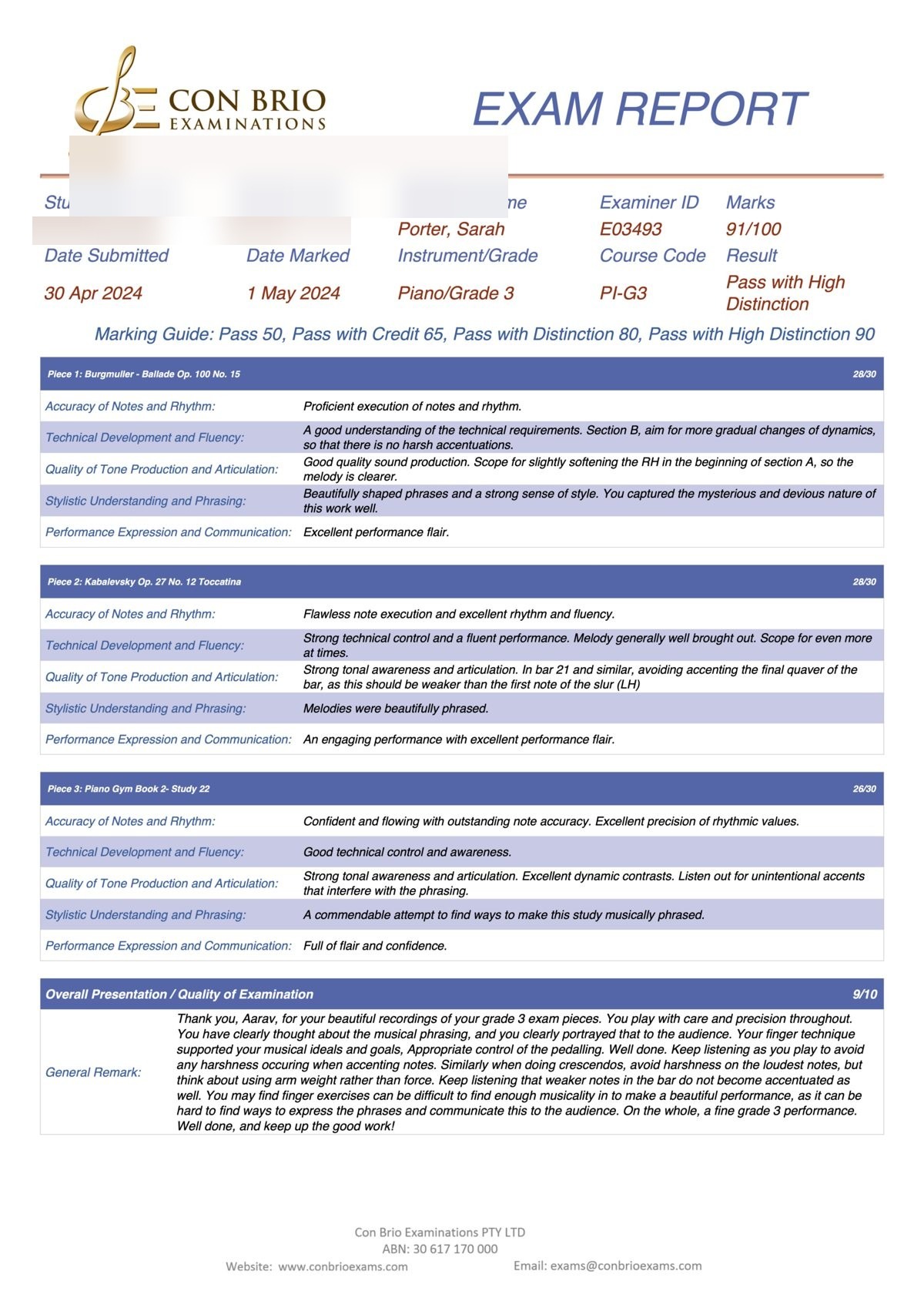 Con Brio Piano Grade 3 examination report for Aarav