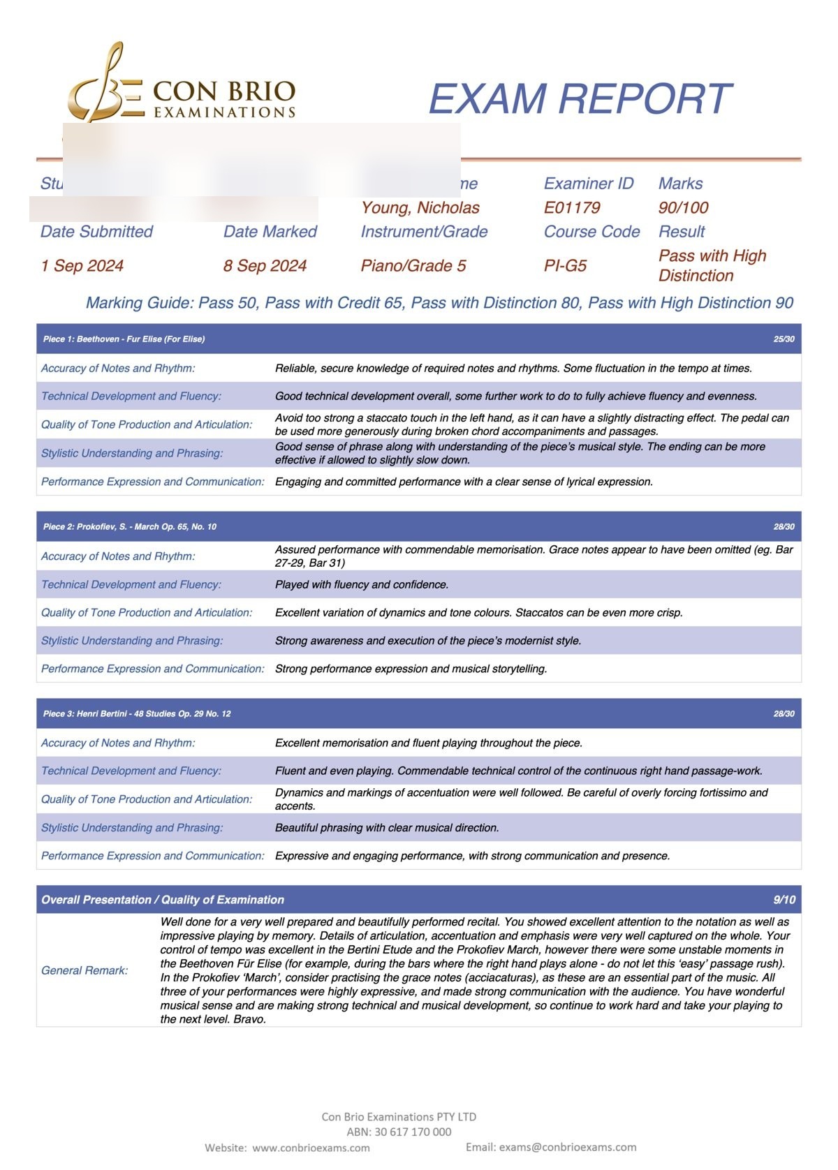 Con Brio Piano Grade 5 examination report for Jing Ting