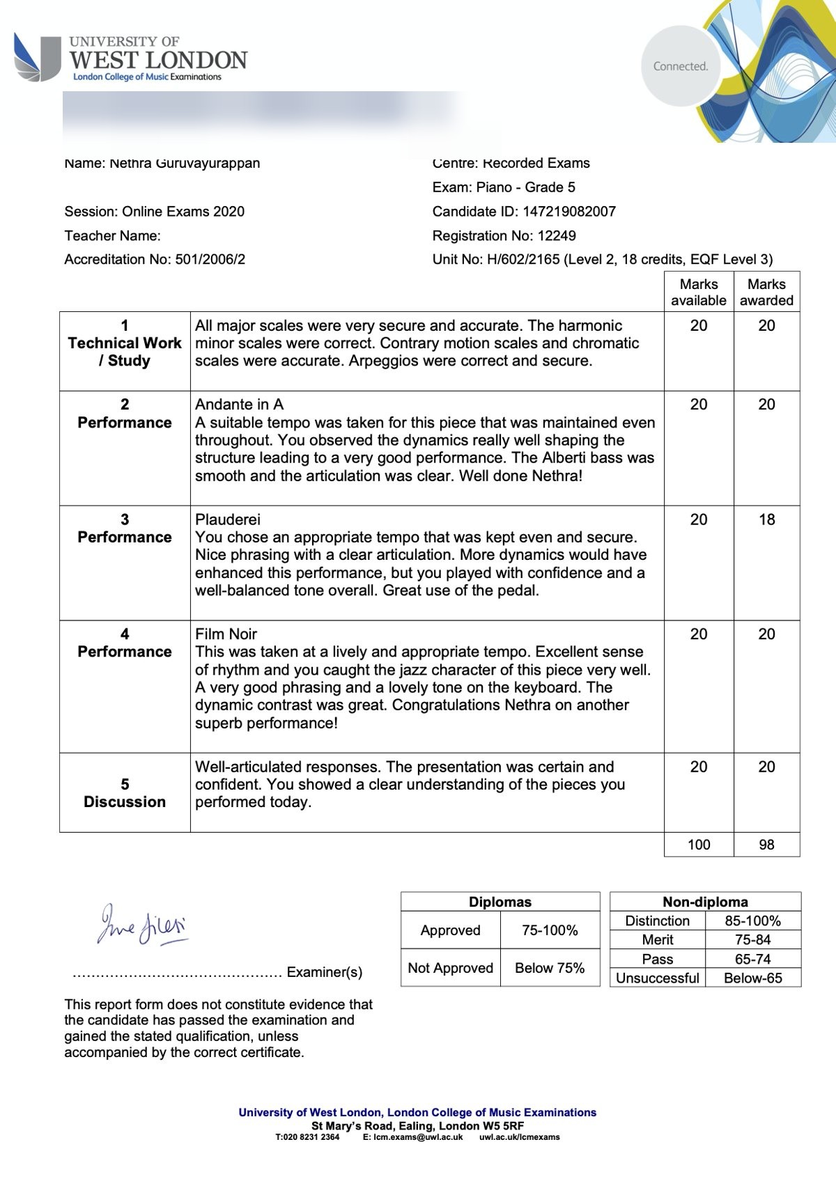 LCM Piano Grade 5 examination report for Nethra
