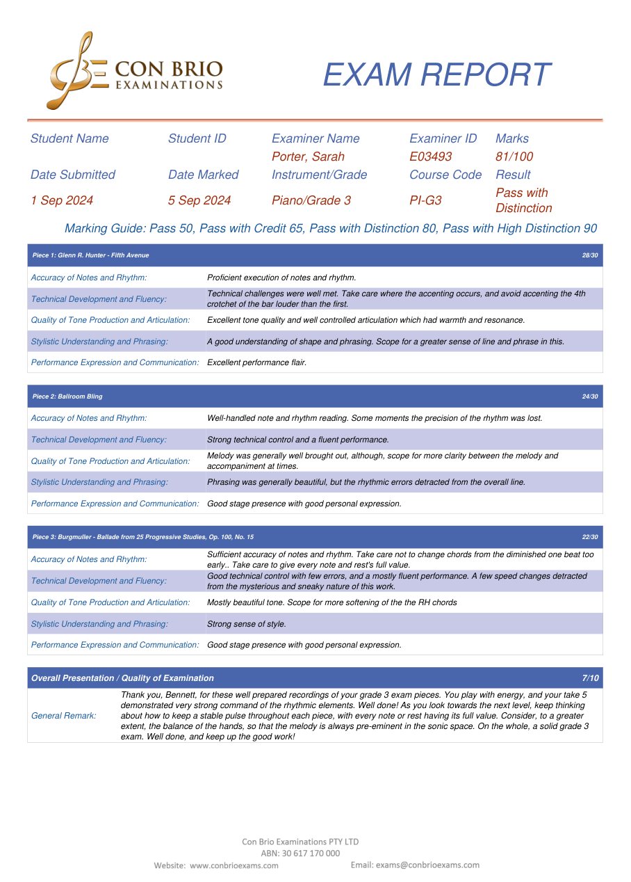 Con Brio Piano Grade 3 Distinction examination report, candidate identity concealed