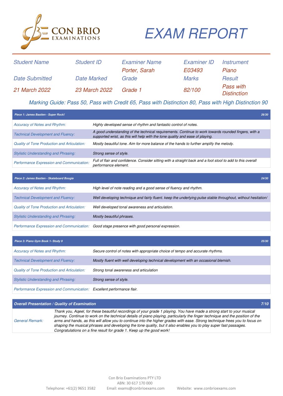 Con Brio Piano Grade 1 Distinction examination report, candidate identity concealed