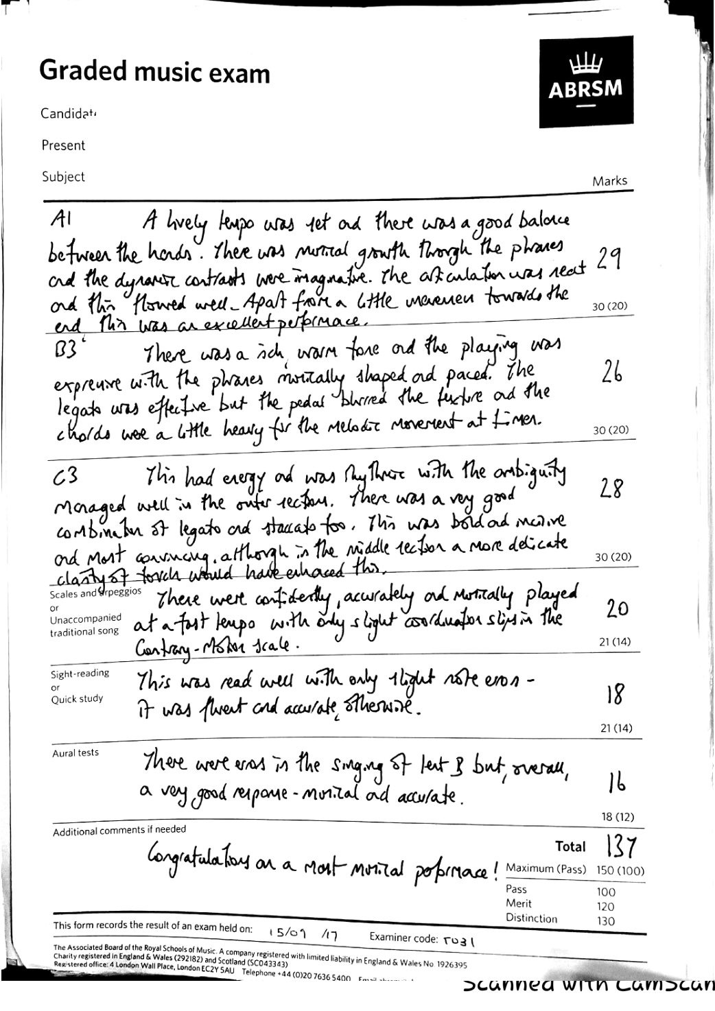 ABRSM Piano Grade 6 Distinction examination report, candidate identity concealed