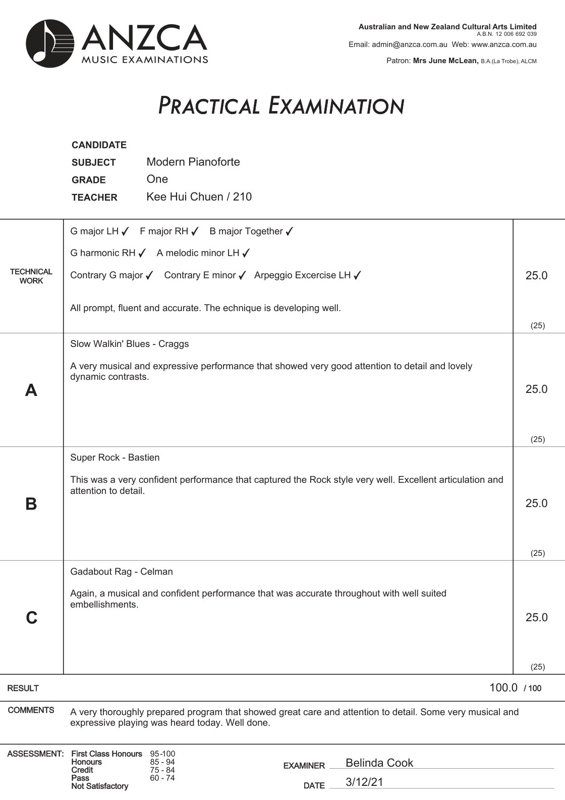 ANZCA Modern Pianoforte Grade 1 examination report, candidate name concealed