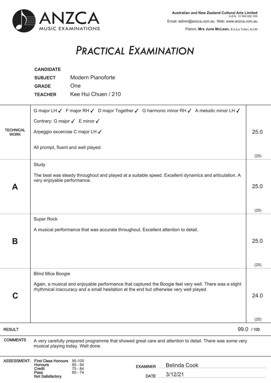 ANZCA Modern Pianoforte Grade 1 examination report, candidate name concealed