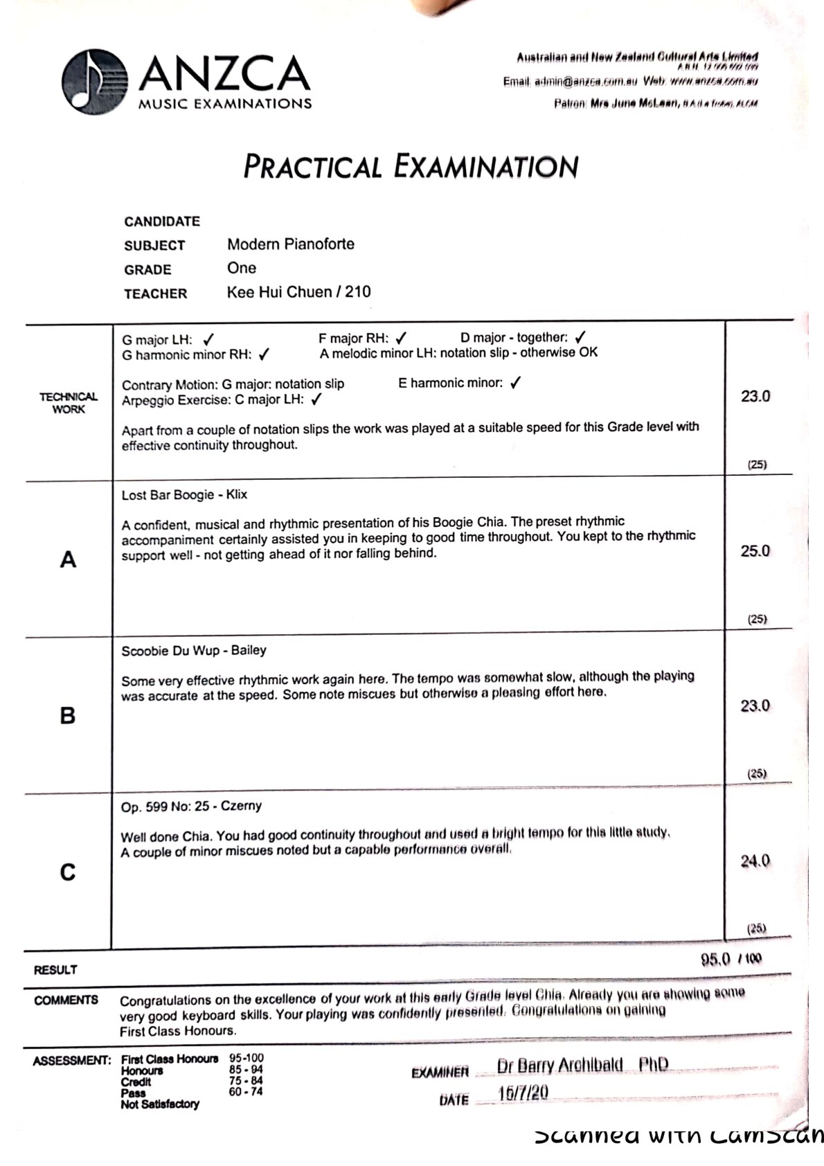 ANZCA Modern Pianoforte Grade 1 examination report, candidate name concealed