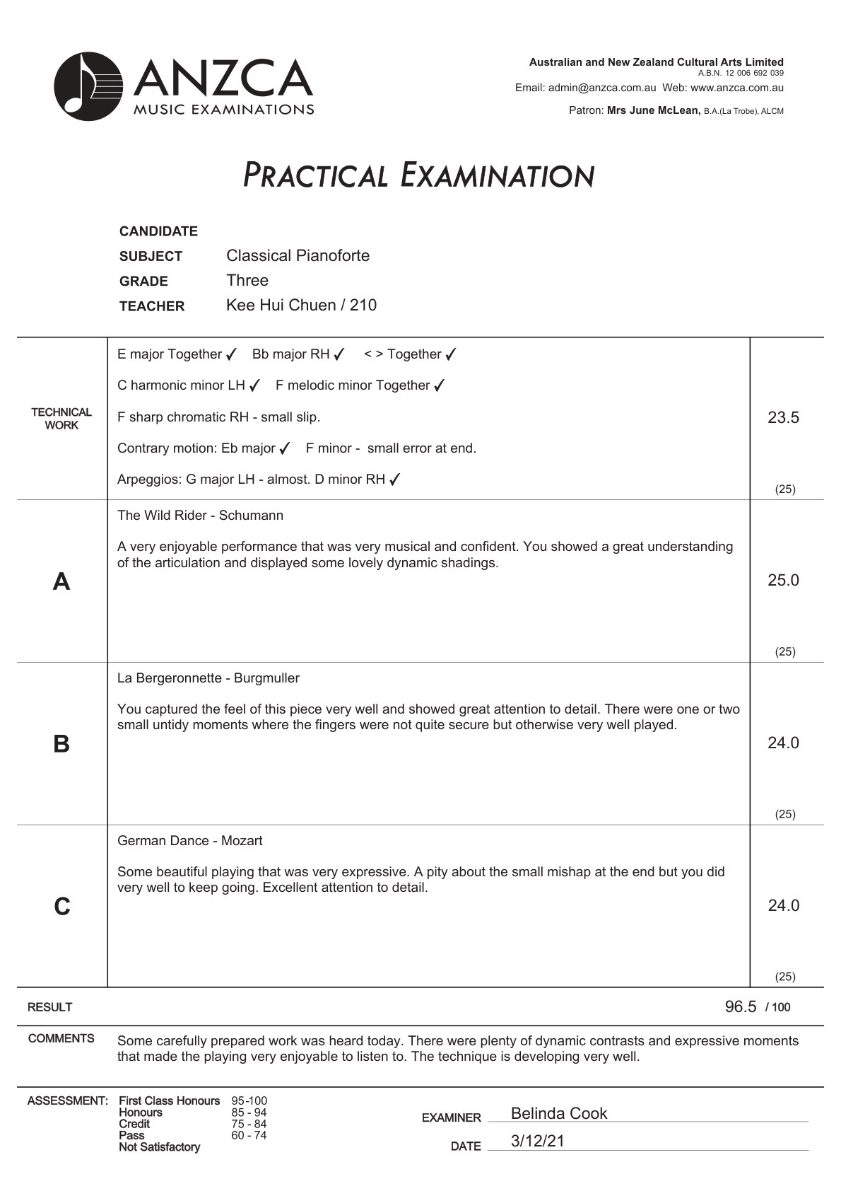 ANZCA Classical Pianoforte Grade 3 examination report, candidate name concealed