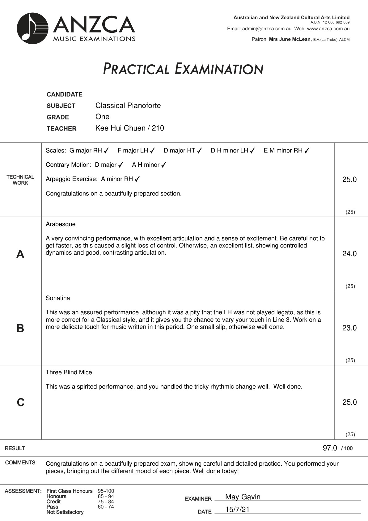 ANZCA Grade 1 examination report, candidate name concealed