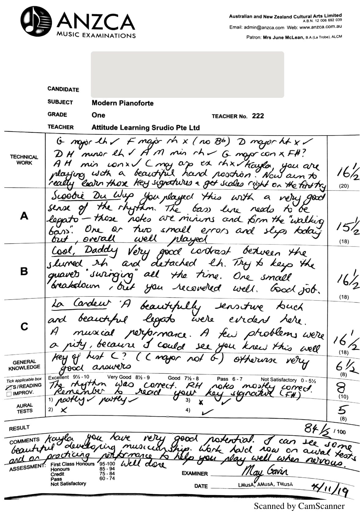 ANZCA Modern Pianoforte Grade 1, 2019, student name concealed
