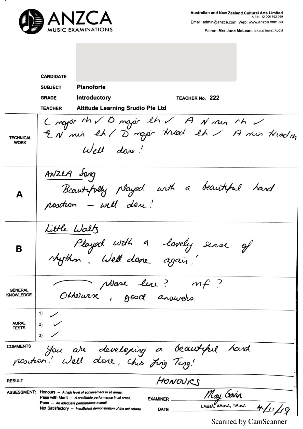 ANZCA Introductory Pianoforte, 2019, student name concealed