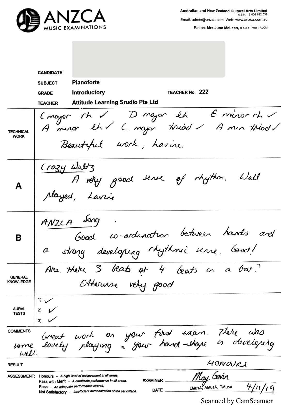 ANZCA Introductory Pianoforte, 2019, student name concealed