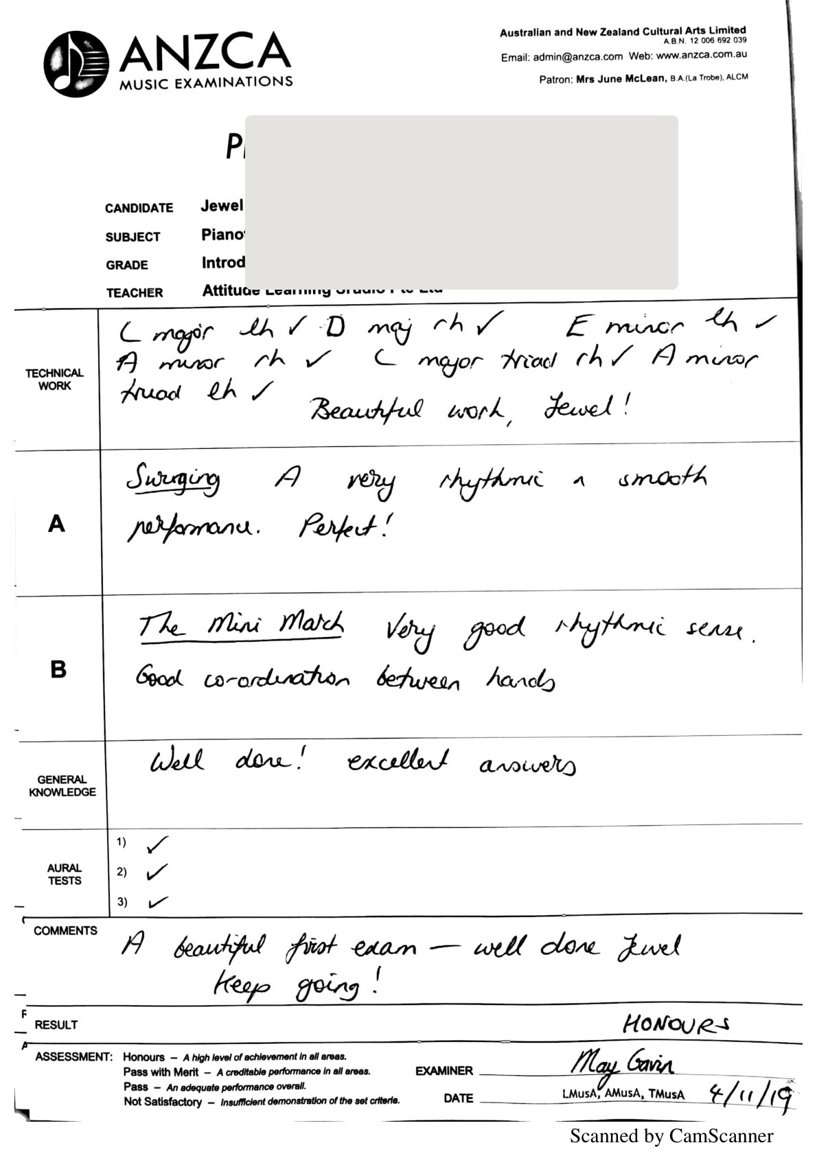 ANZCA Introductory Pianoforte, 2019, student name concealed